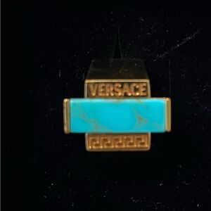 Versace Blue Turquoise and Gold Ring with Greek Key Design